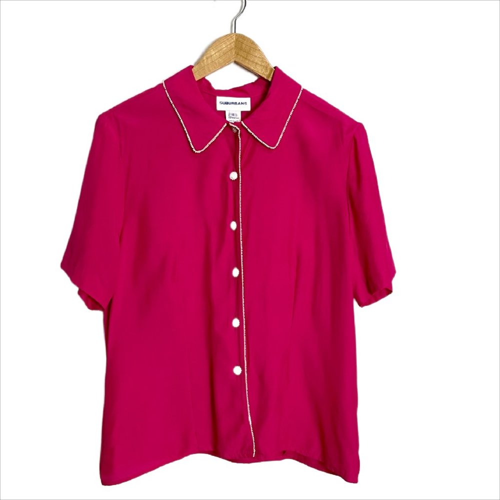 Vintage 80s Fuchsia Blouse by Suburbans – Pearl Cluster Buttons, Short Sleeves